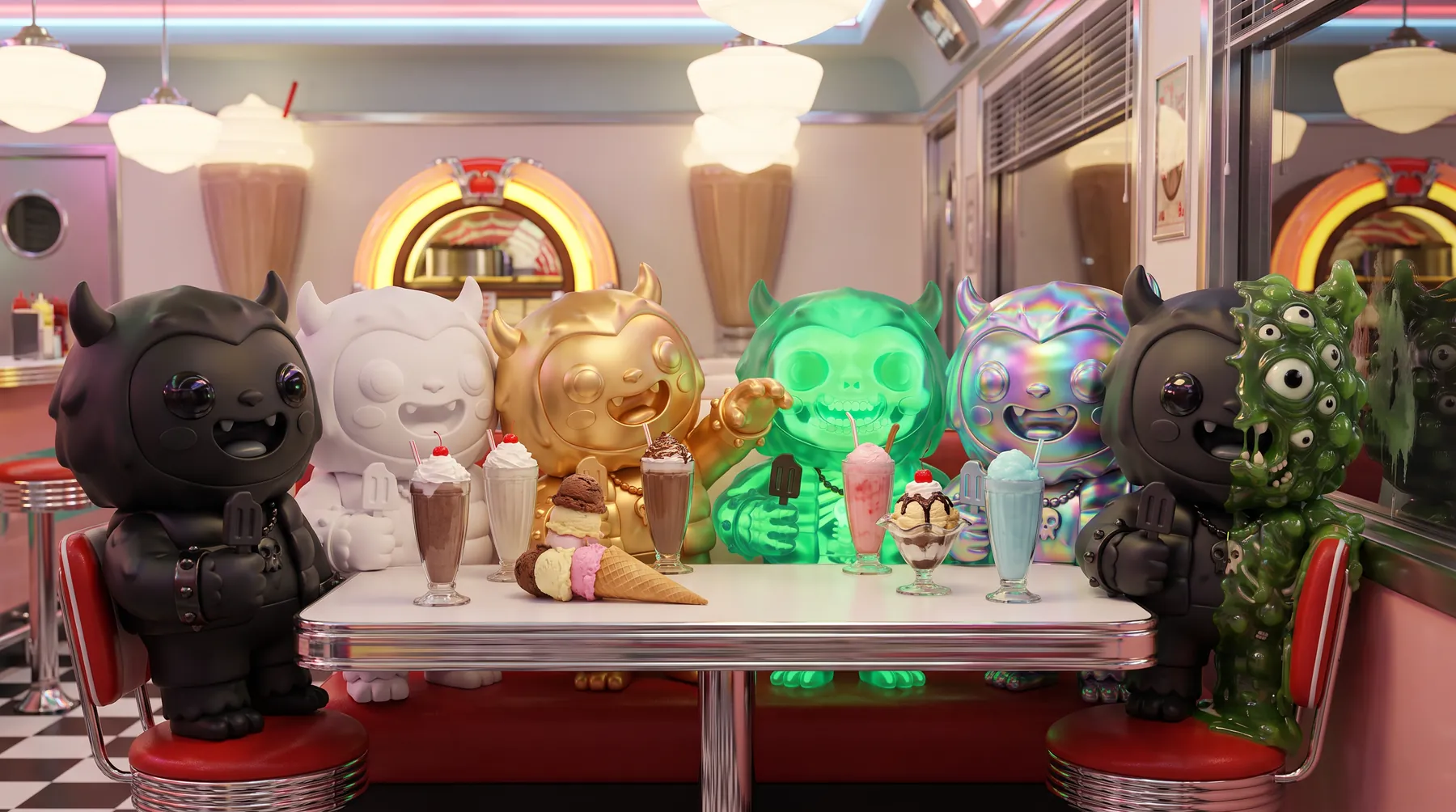 Yetis sharing milkshakes in a retro diner