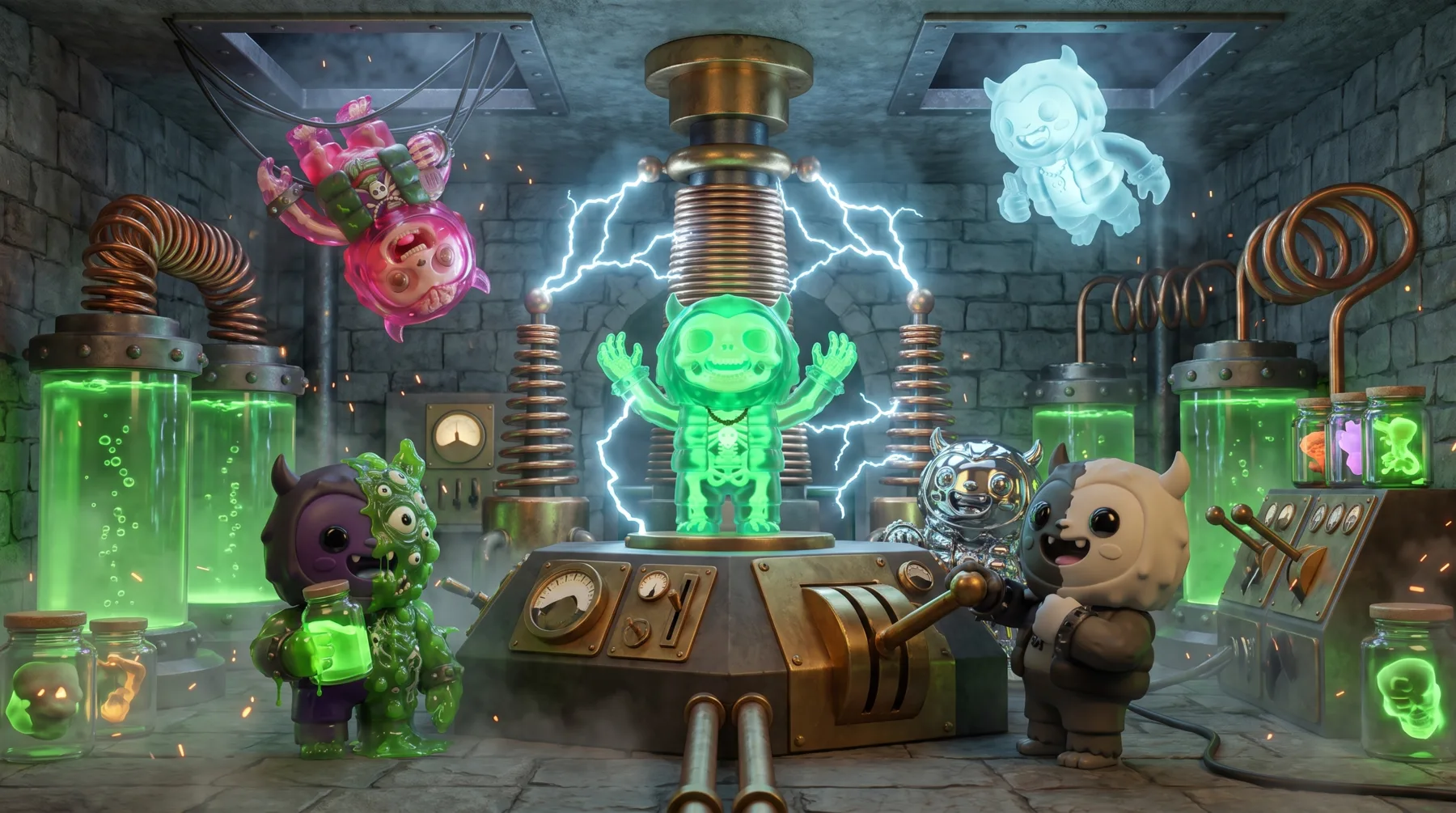 Yetis in a stone-walled laboratory: a glowing skeleton Yeti on a lightning machine, a ghost floating overhead and a half-black, half-white Yeti pulling the lever