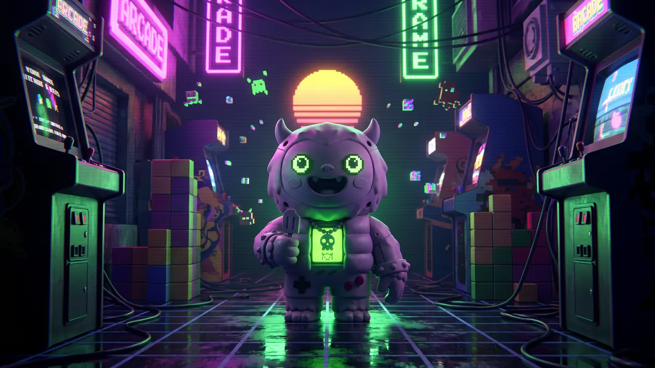 Gamer Yeti in a neon arcade