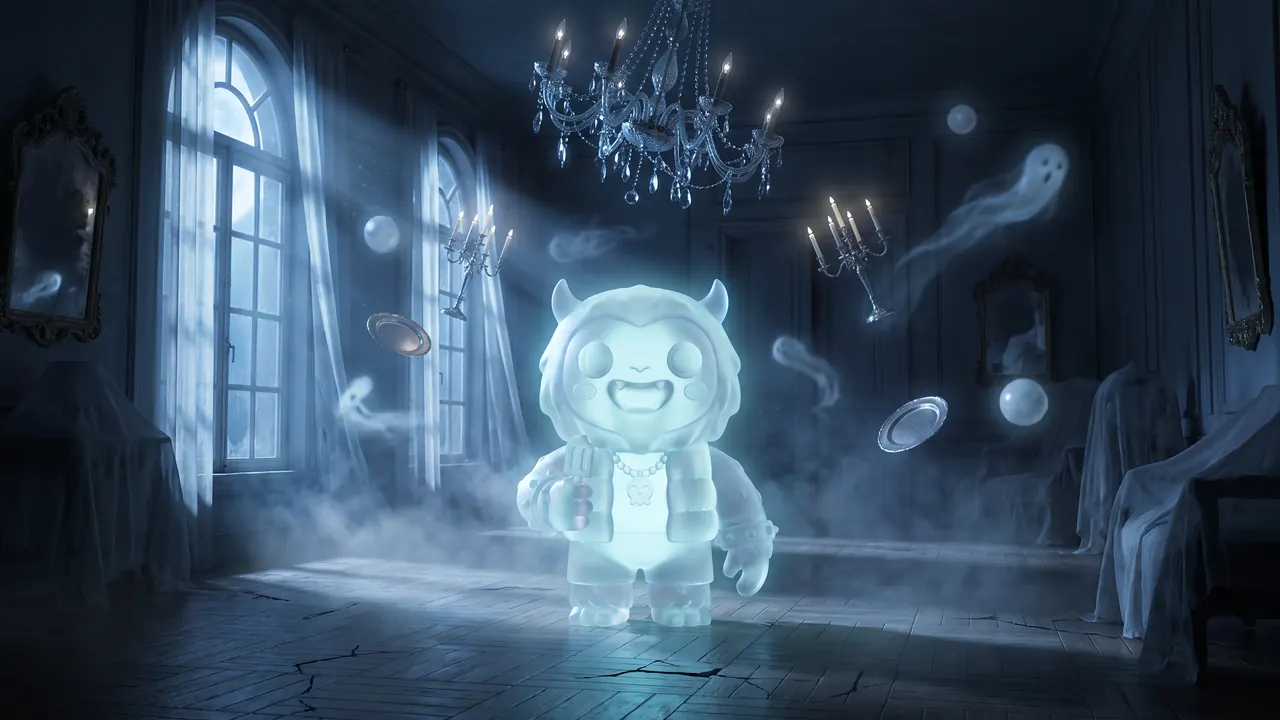 A glowing ghost Yeti in a haunted hall
