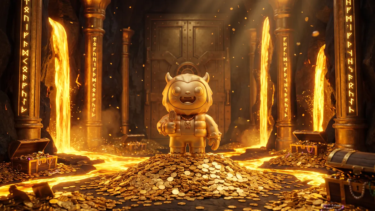 Gold Yeti standing on a hoard of coins in a golden vault