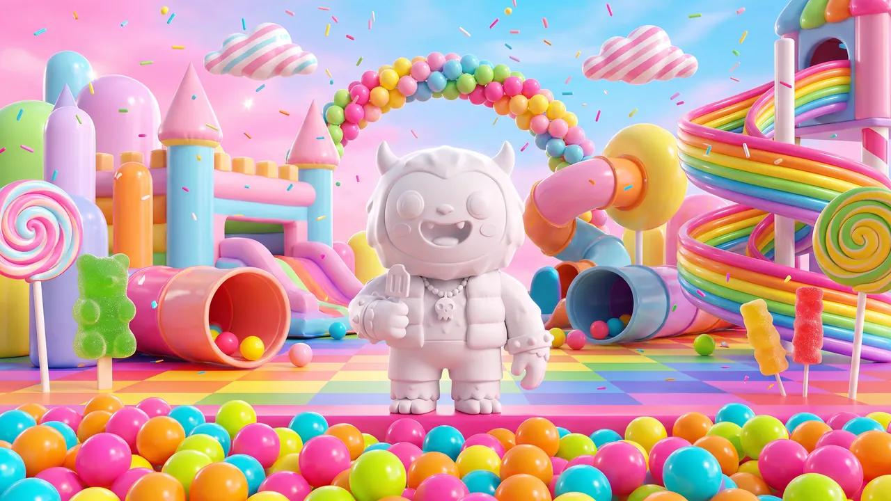 White Yeti in a candy-coloured ball pit